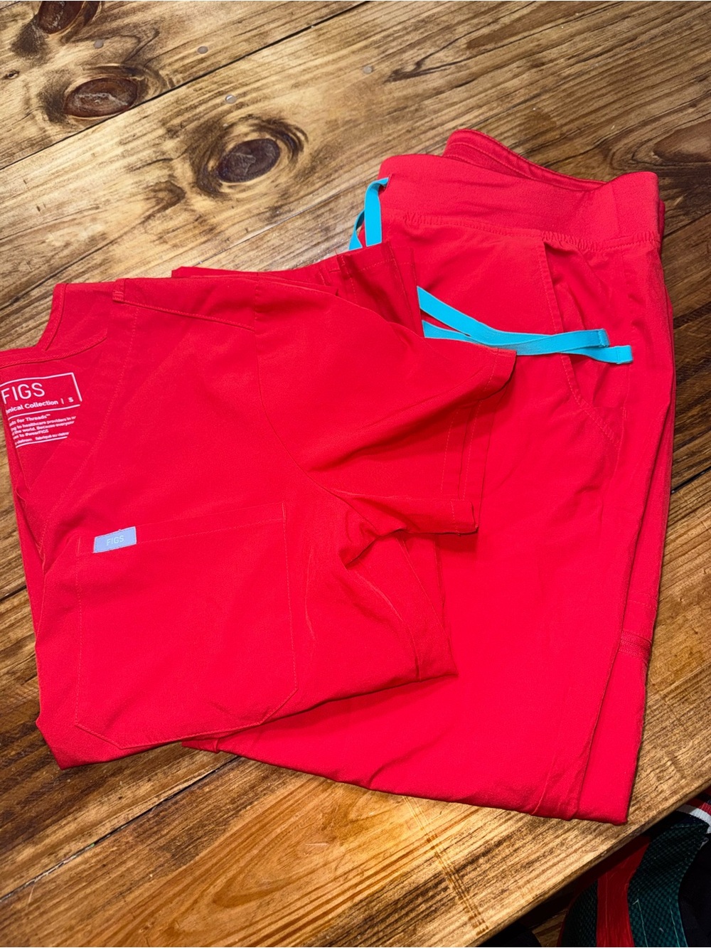 Figs Red Scrub Set with Blue Drawstrings